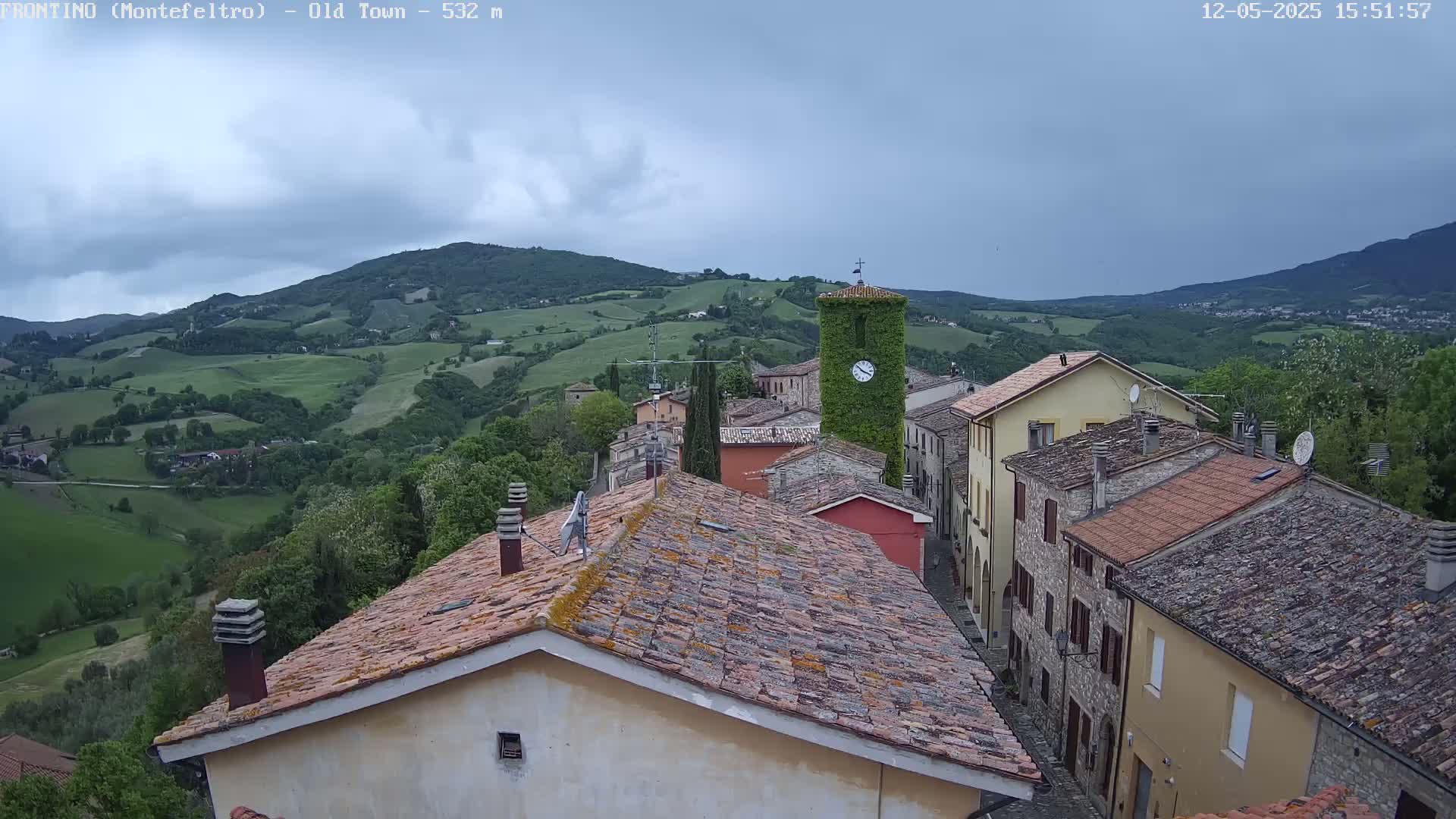 Overcast sky above a quaint village nestled in a verdant valley, with rolling hills in the background.