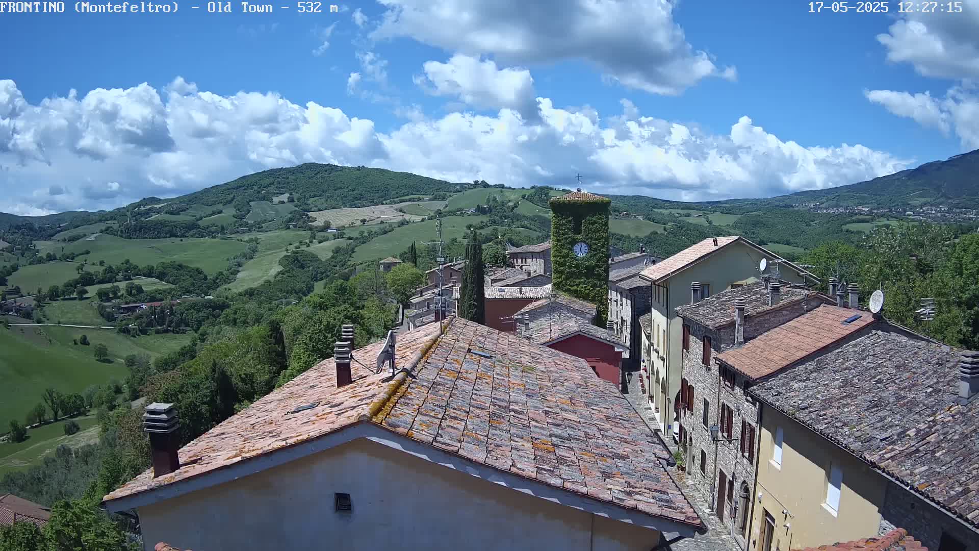A partly cloudy sky overlooks a small village nestled in a valley of rolling green hills.