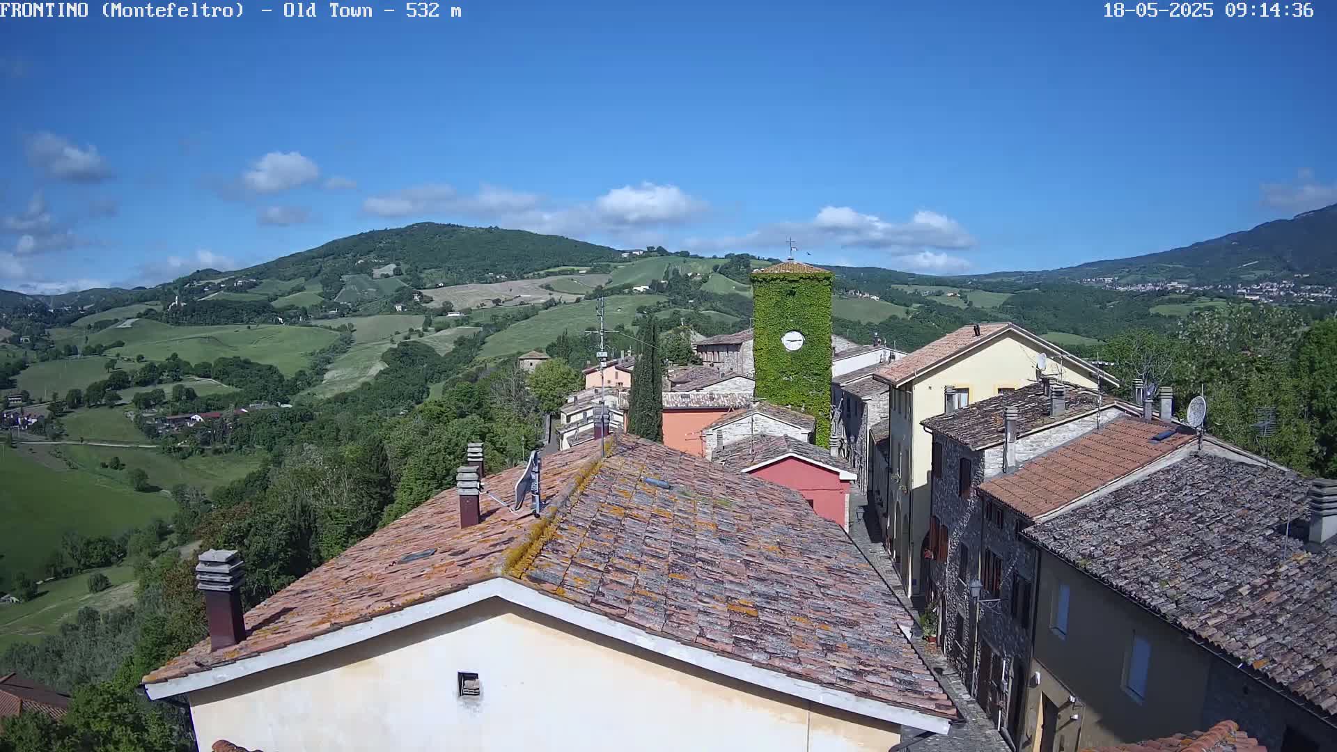 A quaint village nestled in rolling green hills under a mostly sunny sky with a few scattered clouds.