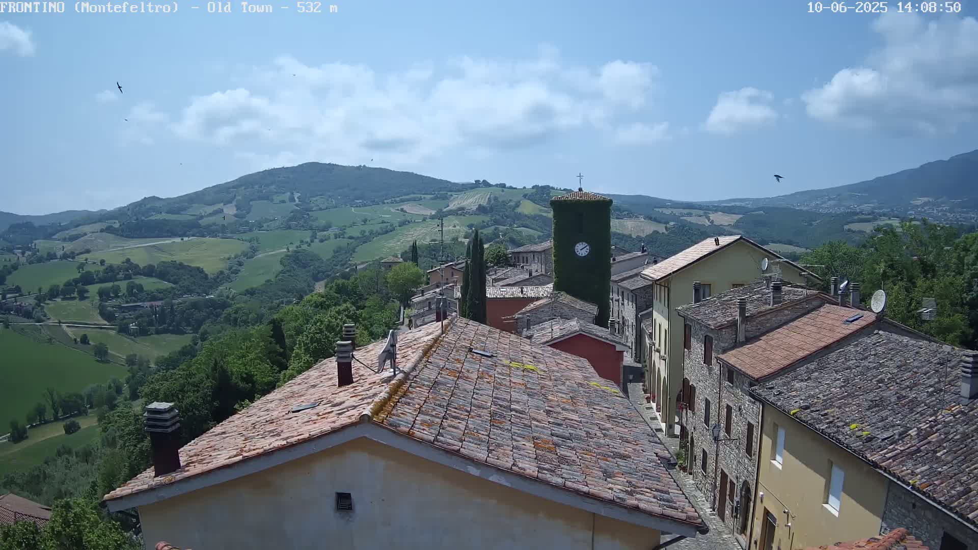 A partly cloudy sky overlooks a quaint village nestled in a verdant valley, with several birds flying overhead.