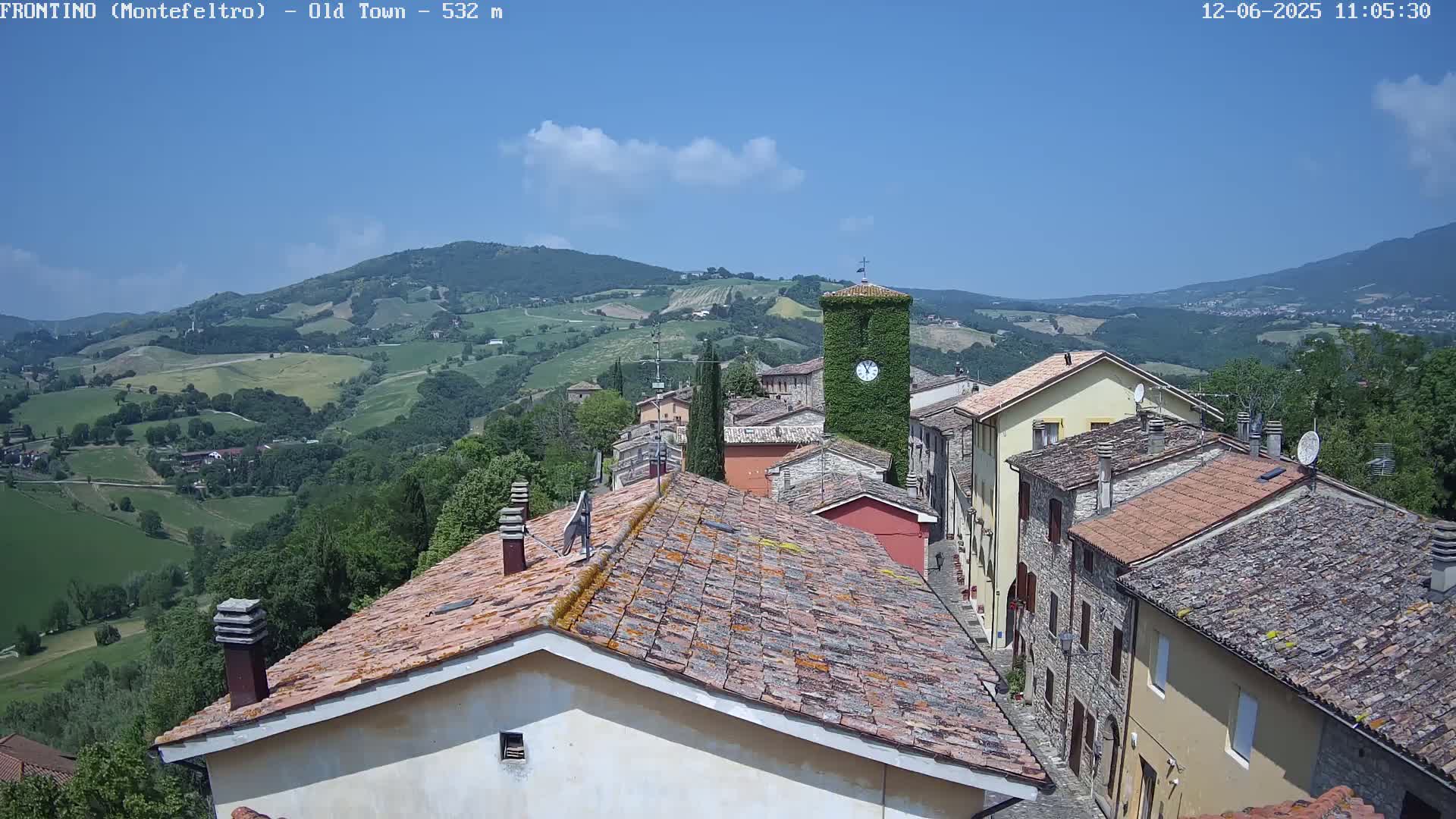 A mostly sunny view of a small town nestled in a hilly, green landscape, with terracotta rooftops visible in the foreground.