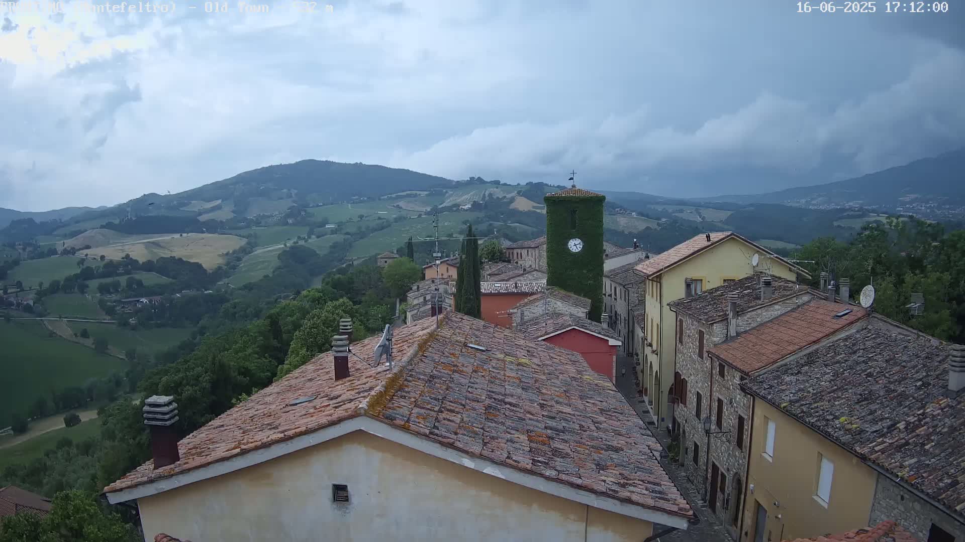 A quaint village nestled in rolling green hills under a cloudy sky.