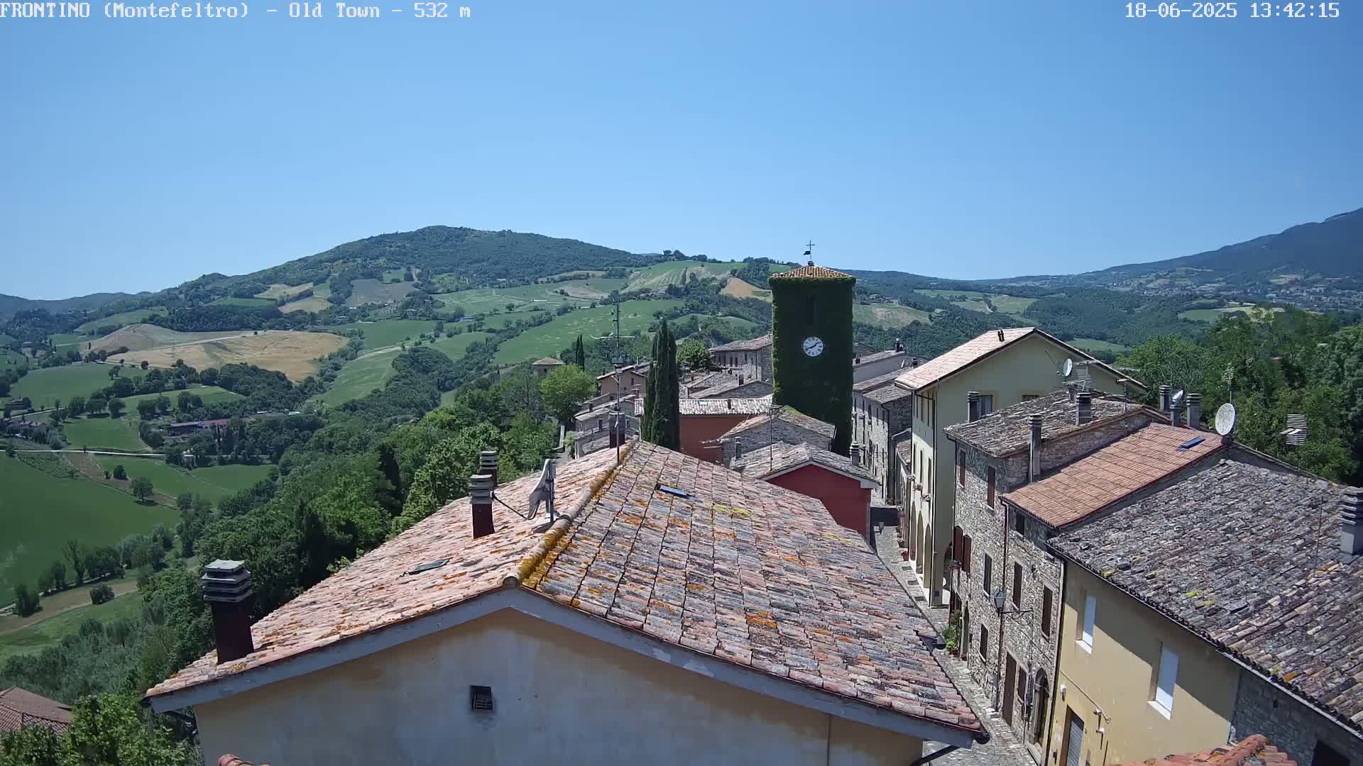 A view of a small town nestled in rolling green hills under a clear blue sky.