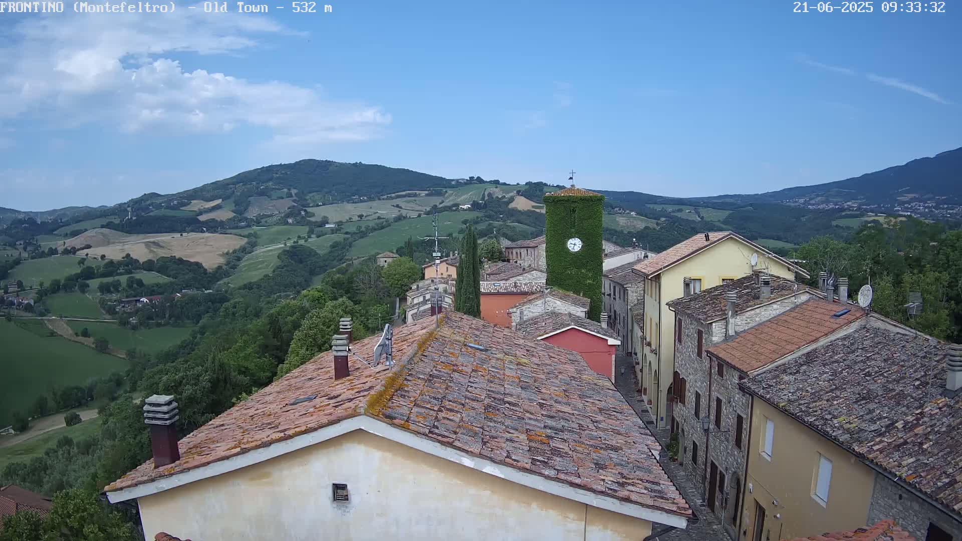 A quaint village nestled in a valley overlooks rolling green hills under a mostly clear blue sky.