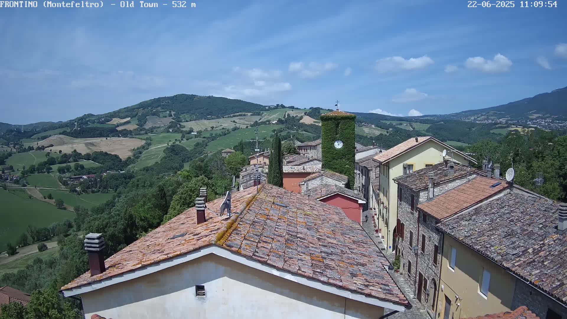 A quaint village nestled in a valley, under a mostly sunny sky with a few scattered clouds, overlooks rolling hills and mountains in the distance.