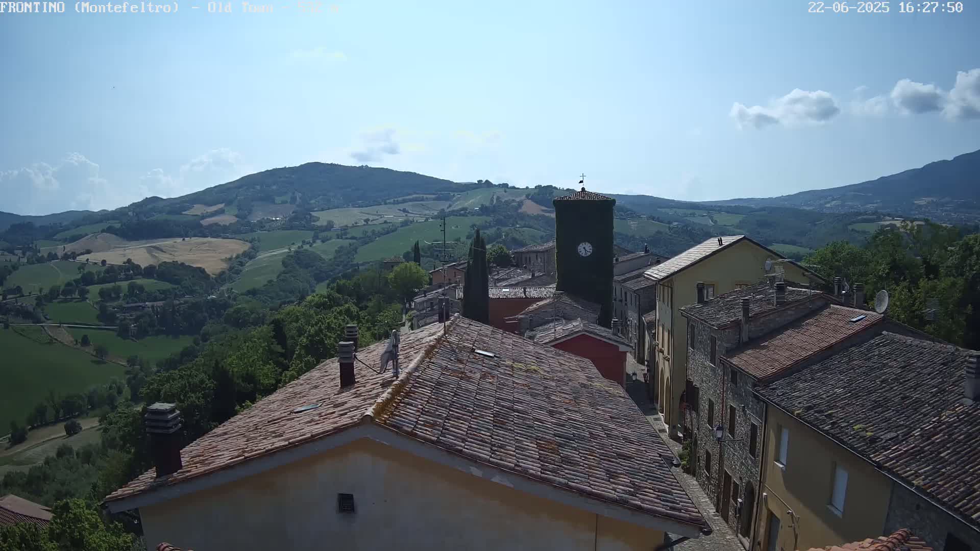 A quaint village nestled in a valley, under a partly cloudy sky, is surrounded by rolling green hills.