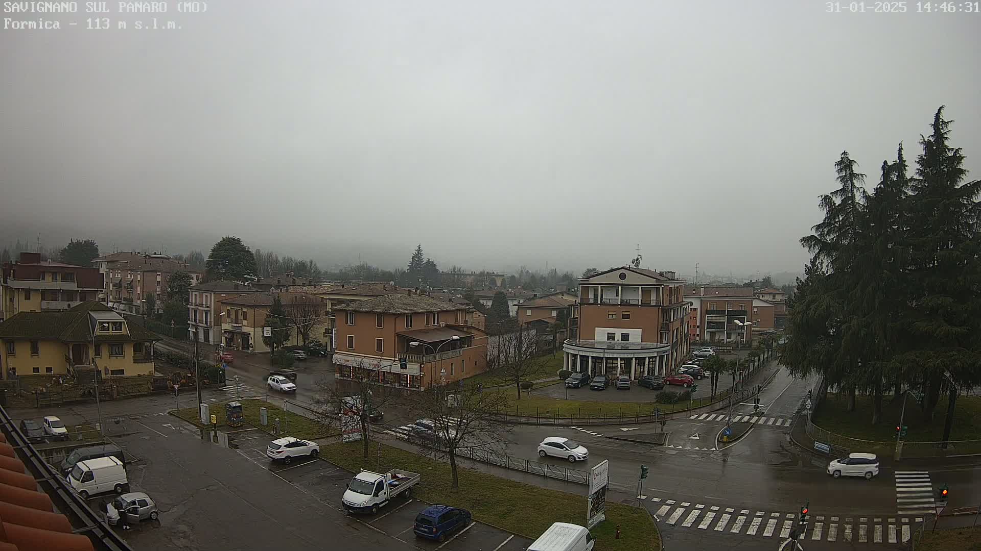 A wet, overcast town square with several cars parked and driving on wet streets, surrounded by low-rise buildings and tall evergreen trees.