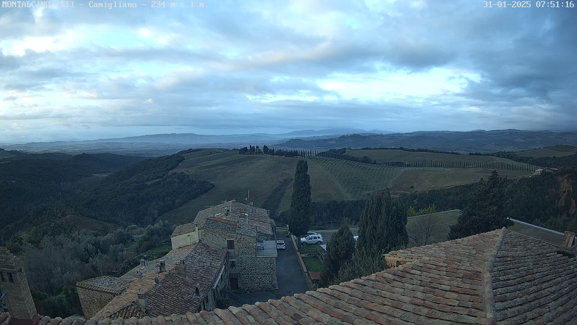 A view from a rooftop shows a sprawling Tuscan landscape under a mostly cloudy sky, with rolling hills, cypress trees, and stone buildings in the foreground.