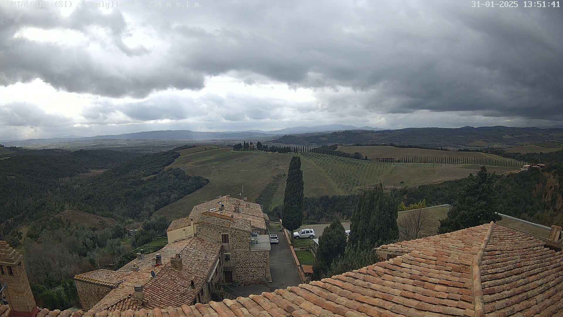 Overcast skies loom over a Tuscan landscape of rolling hills, cypress trees, and stone buildings with terracotta roofs.