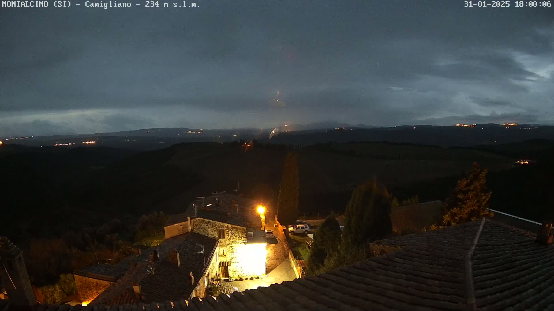 A nighttime view from a rooftop shows a small village nestled in a dark, hilly landscape under a cloudy sky.