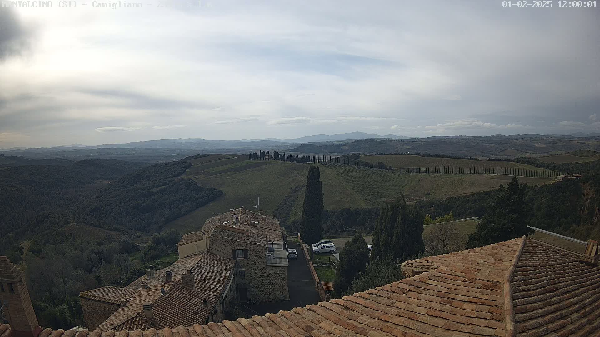 A view from a terracotta roof shows a rolling landscape of olive groves and cypress trees under a mostly cloudy sky.