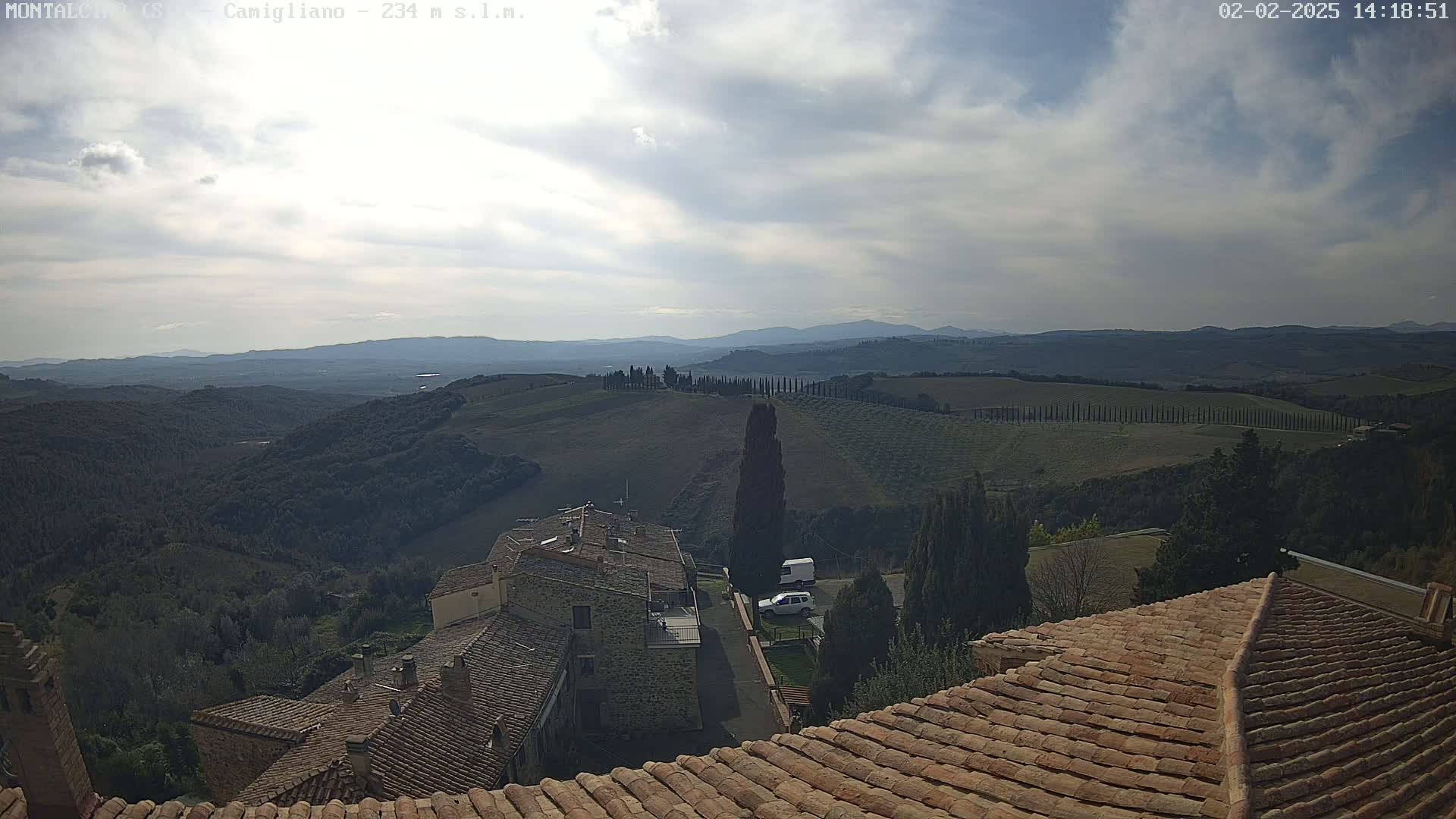 A partly cloudy sky overlooks a hilly, tree-studded landscape with terracotta-roofed buildings in the foreground.