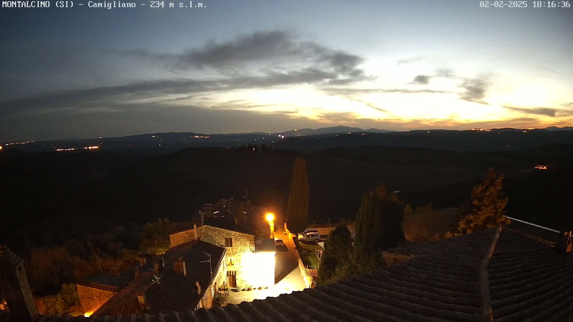 A nighttime view from a rooftop shows a small village nestled in rolling hills under a partly cloudy, dusky sky.