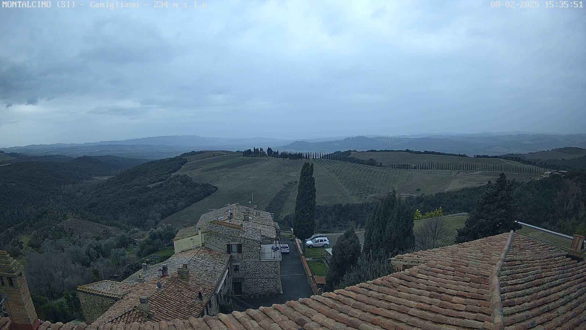 A view from a rooftop shows rolling hills under a cloudy sky, with stone buildings and rows of trees visible in the foreground.