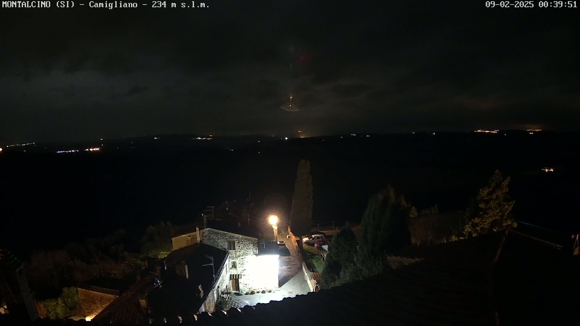 A nighttime view from a rooftop shows a village nestled in a dark landscape under a cloudy sky, with distant lights visible on the horizon.