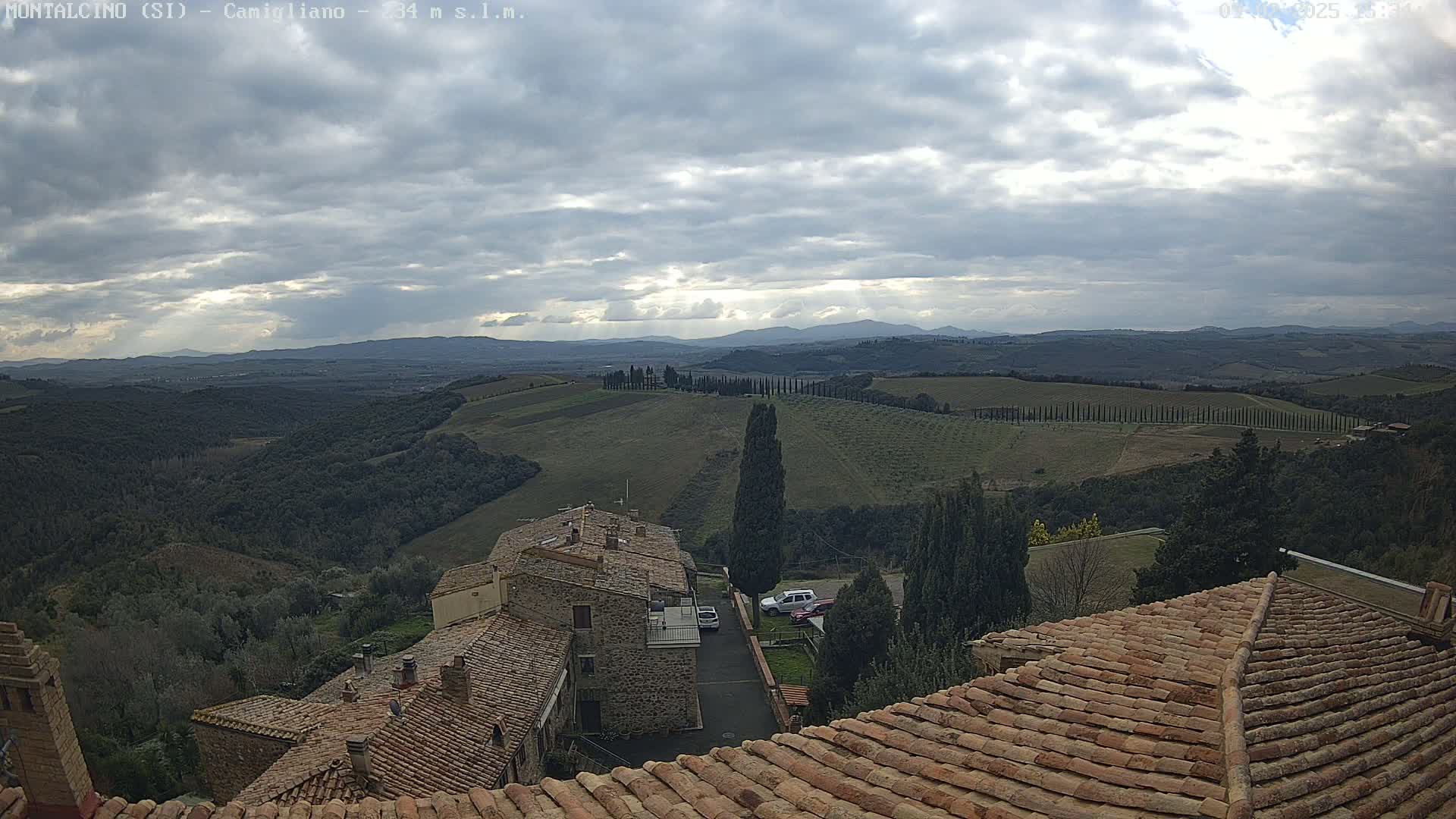 A view from a rooftop shows a cloudy sky over rolling hills dotted with cypress trees and stone buildings, with some sunlight breaking through the clouds.
