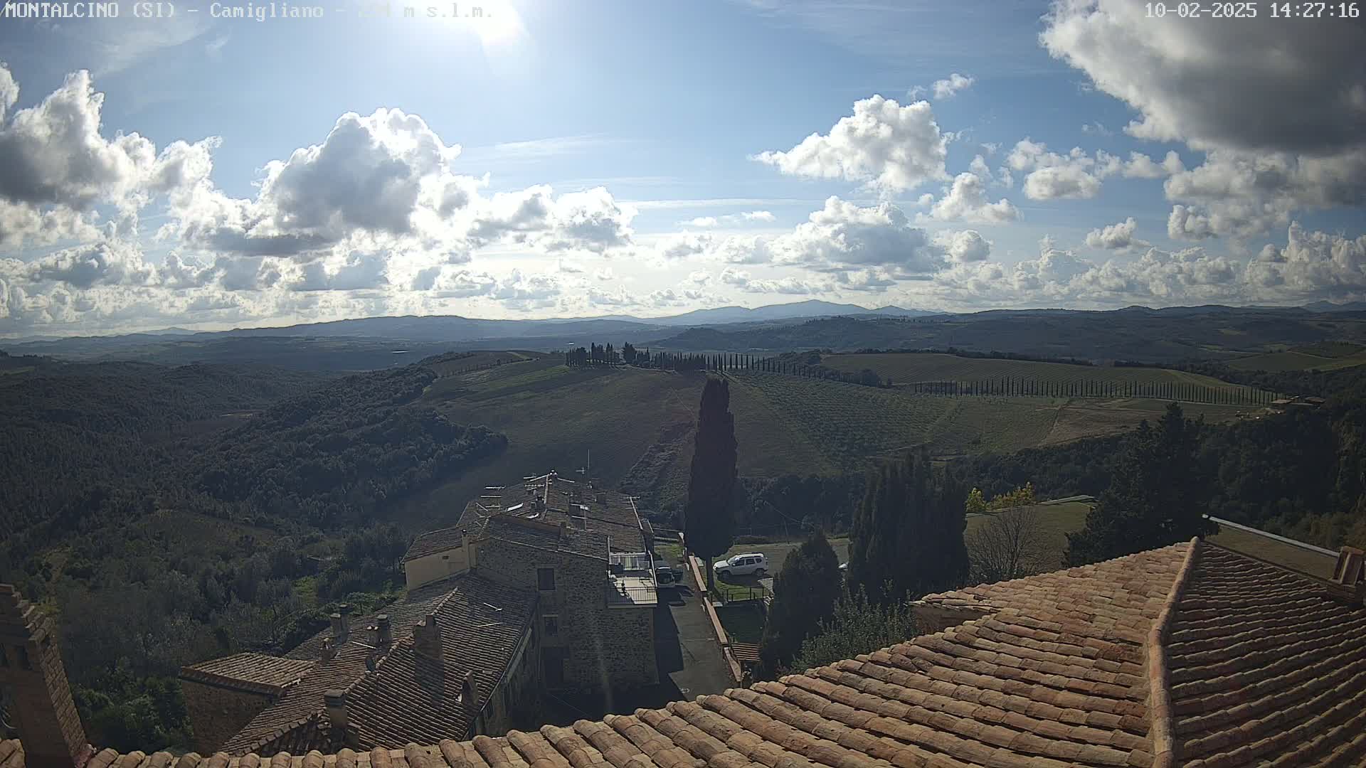 A partly sunny day reveals a picturesque view of rolling hills, vineyards, and a village with terracotta roofs, all under a sky filled with fluffy white clouds.