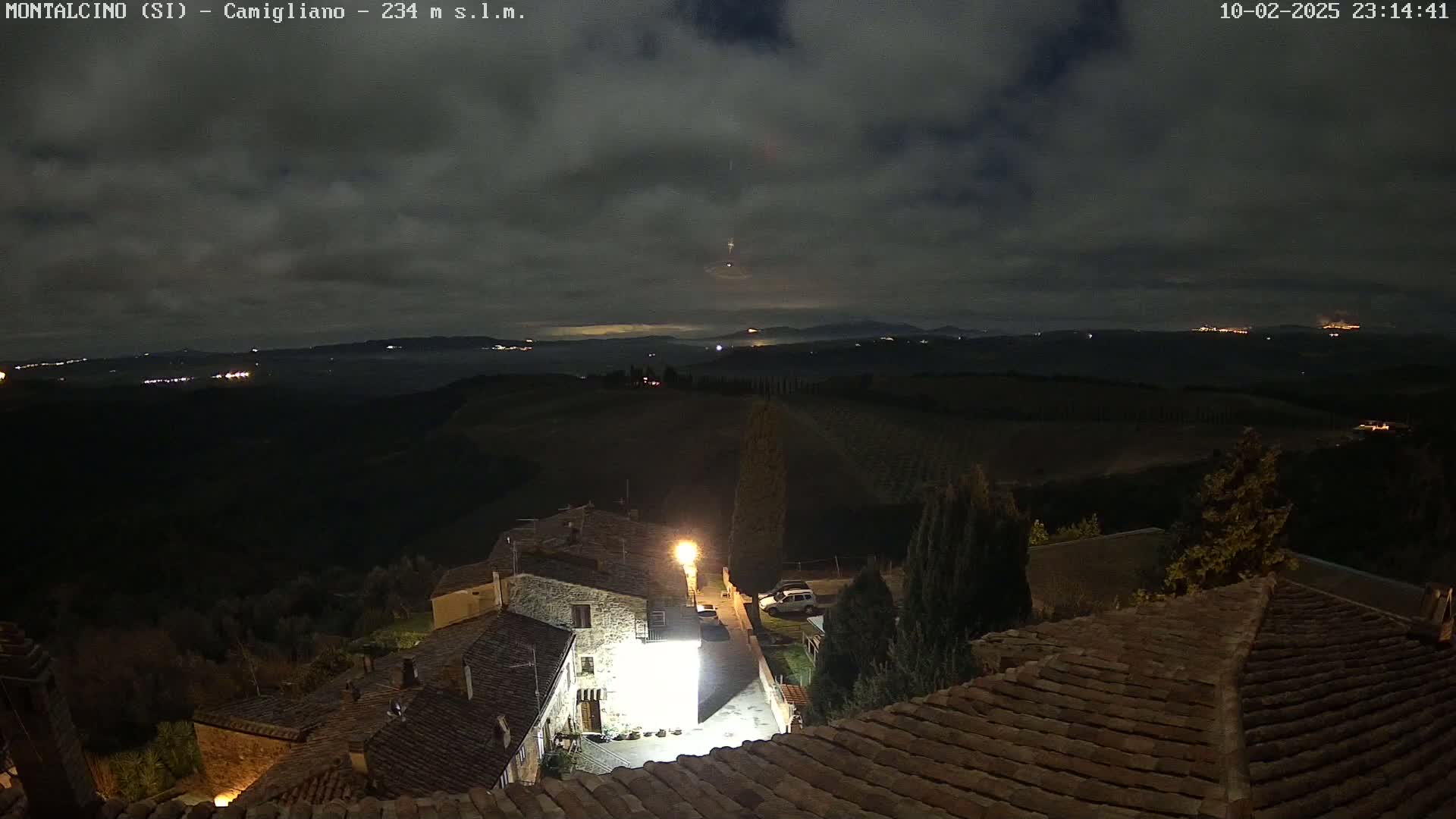 A nighttime view of a small village nestled in rolling hills under a cloudy sky, with distant lights visible on the horizon.