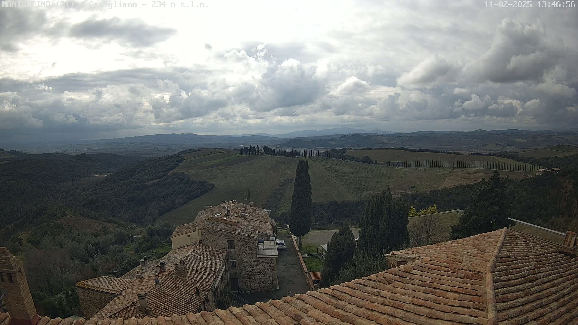 A view from a rooftop shows rolling hills covered in vegetation under a cloudy sky, with stone buildings and terracotta rooftops in the foreground.
