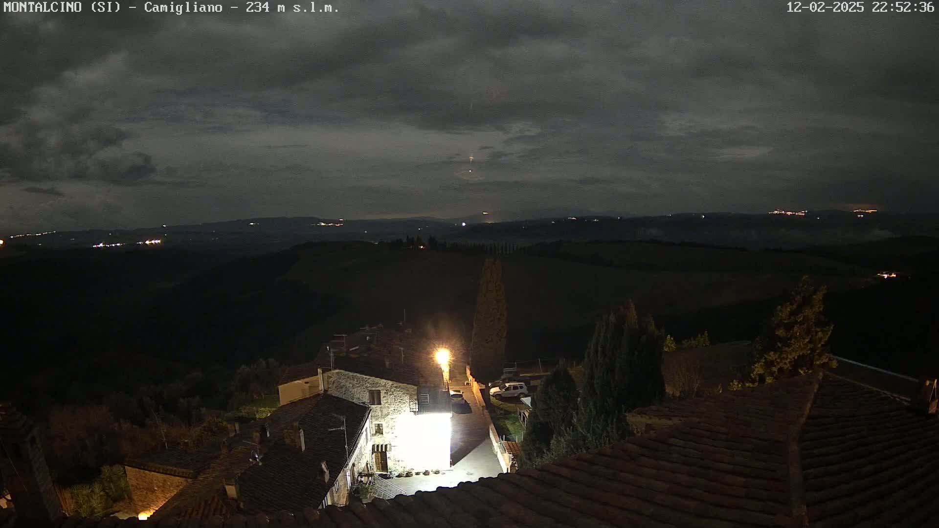A nighttime view of a small village nestled in rolling hills under a cloudy sky, with distant lights visible on the horizon.