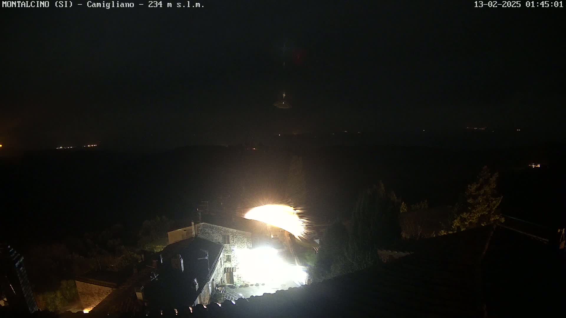 A bright firework display illuminates a nighttime village scene.