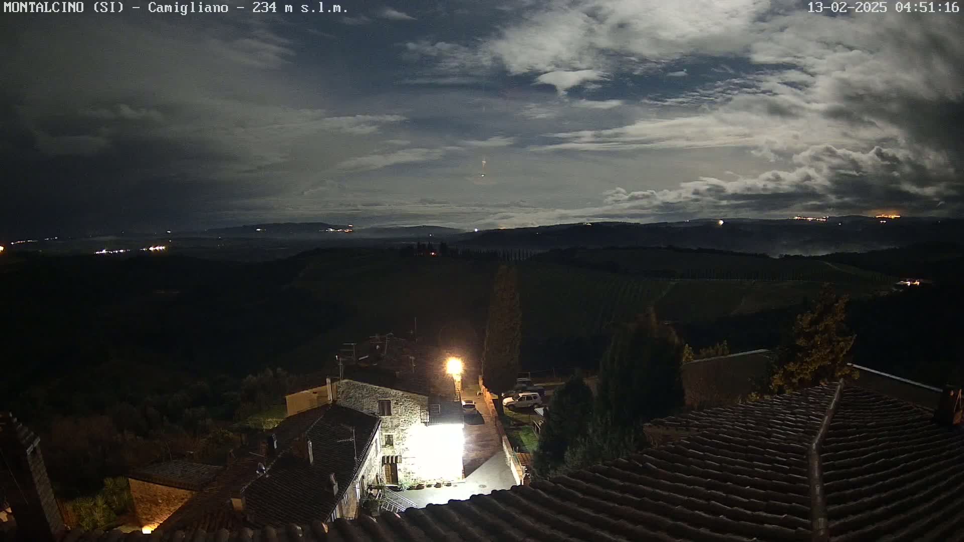 A nighttime view of a village nestled among rolling hills under a partly cloudy moonlit sky.