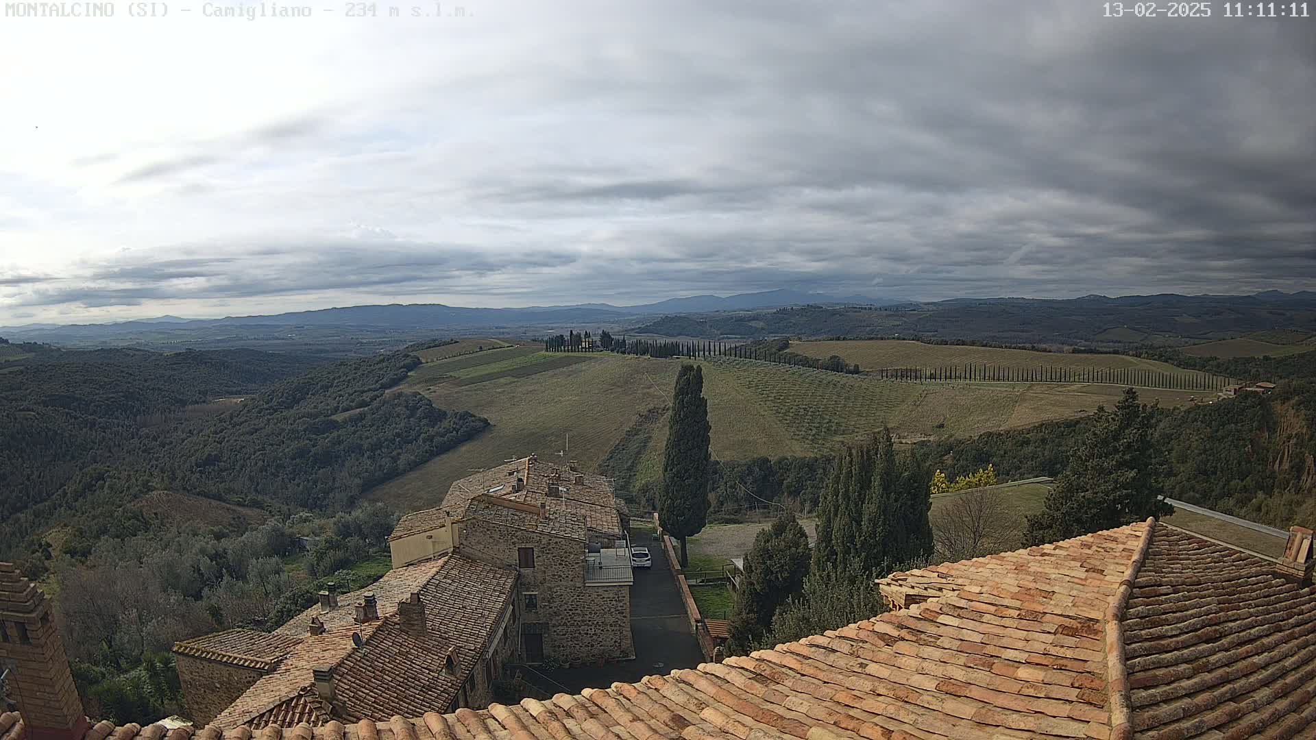 A view from a terracotta roof shows a sprawling Tuscan landscape under a cloudy sky, with rolling hills, cypress trees, and stone buildings in the foreground.
