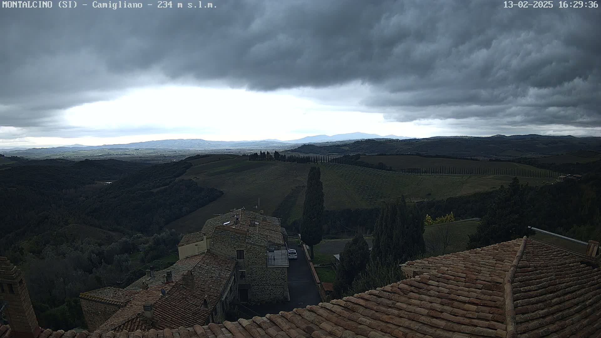 Overcast skies loom over a hilly, verdant landscape dotted with stone buildings and cypress trees.
