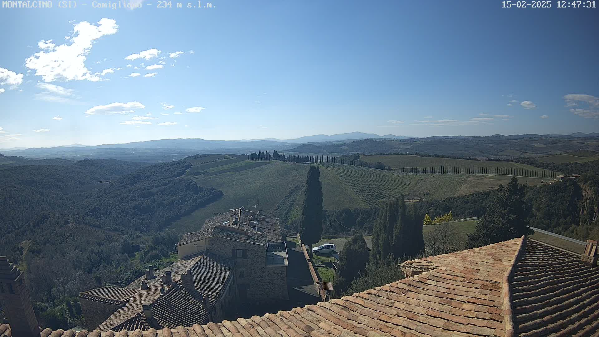 A sunny day reveals a picturesque Tuscan landscape of rolling hills, cypress trees, and terracotta-roofed buildings, viewed from a rooftop.