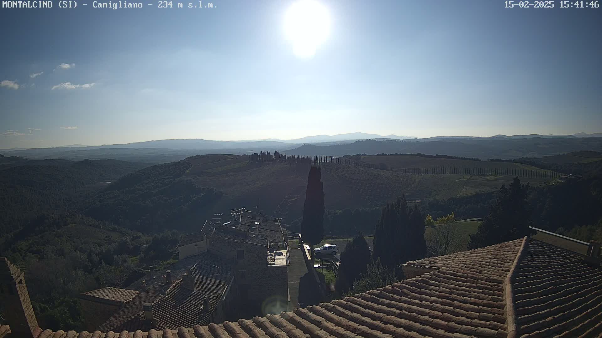 A sunny day reveals a sprawling Tuscan landscape, with rolling hills, vineyards, and a village nestled amongst terracotta rooftops, all under a clear blue sky.