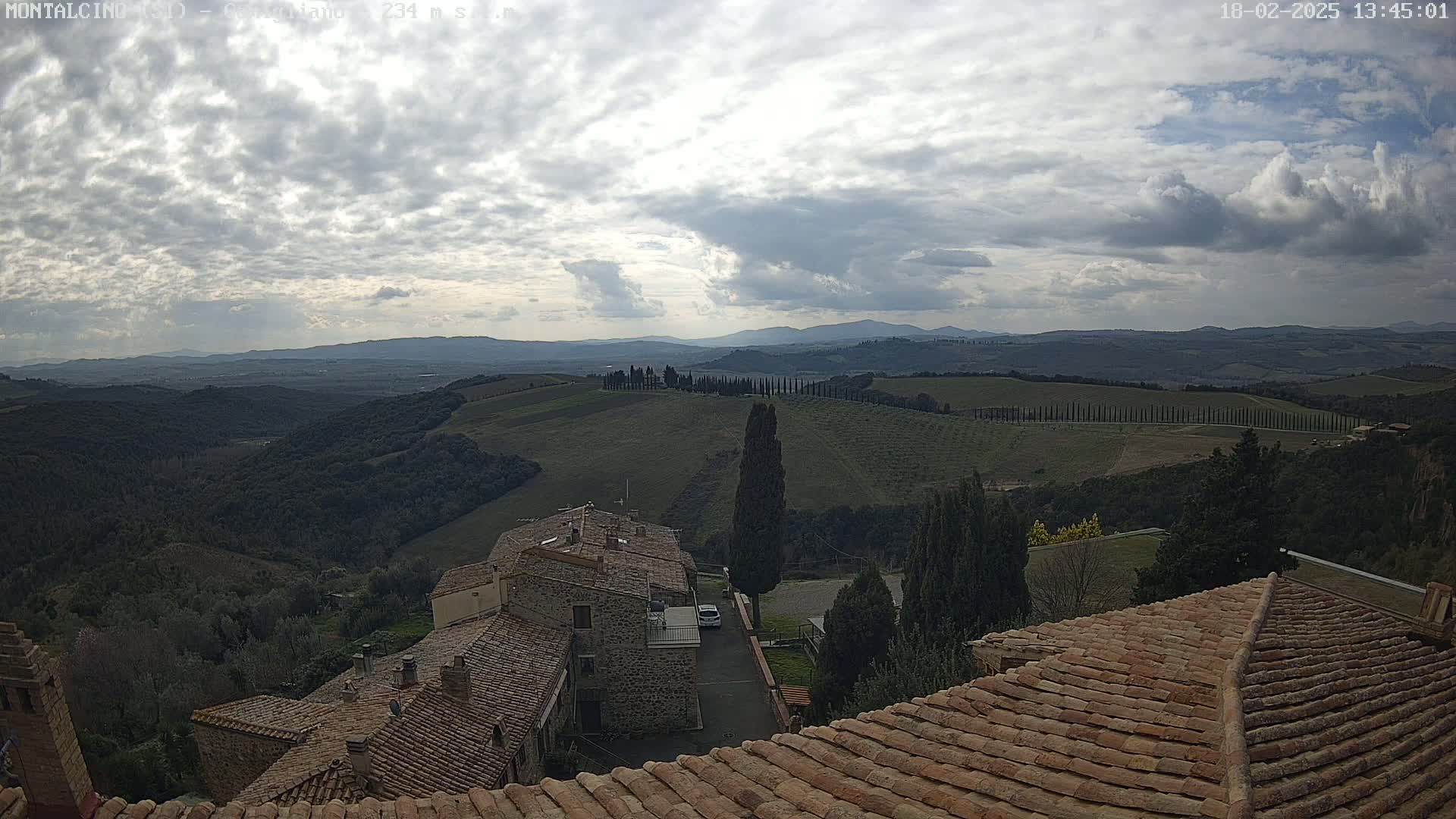 A view from a rooftop shows a partly cloudy sky over rolling hills and stone buildings, with a line of tall trees on a distant hillside.