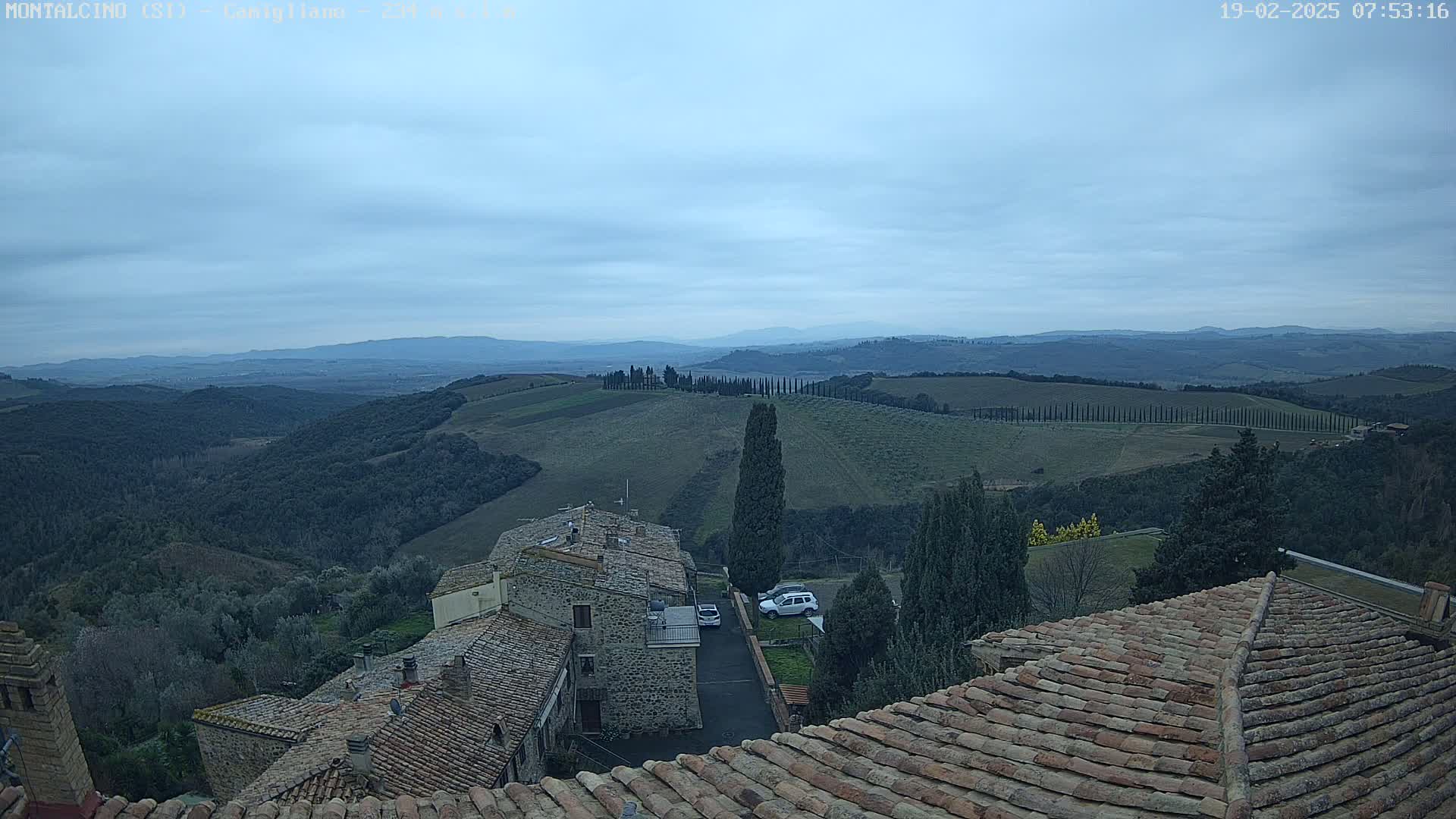 Under a mostly cloudy sky, terracotta rooftops overlook a hilly landscape dotted with cypress trees and stone buildings.