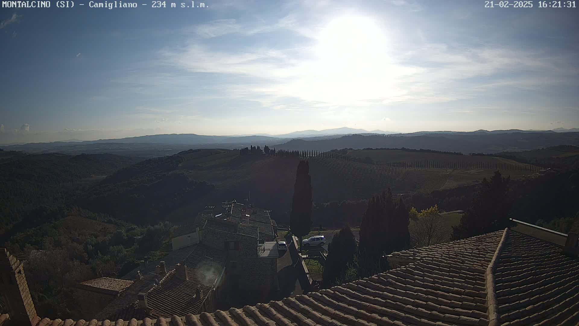 A sunlit view from a rooftop shows rolling hills and valleys under a mostly clear sky, with several buildings and a few cars visible in the foreground.