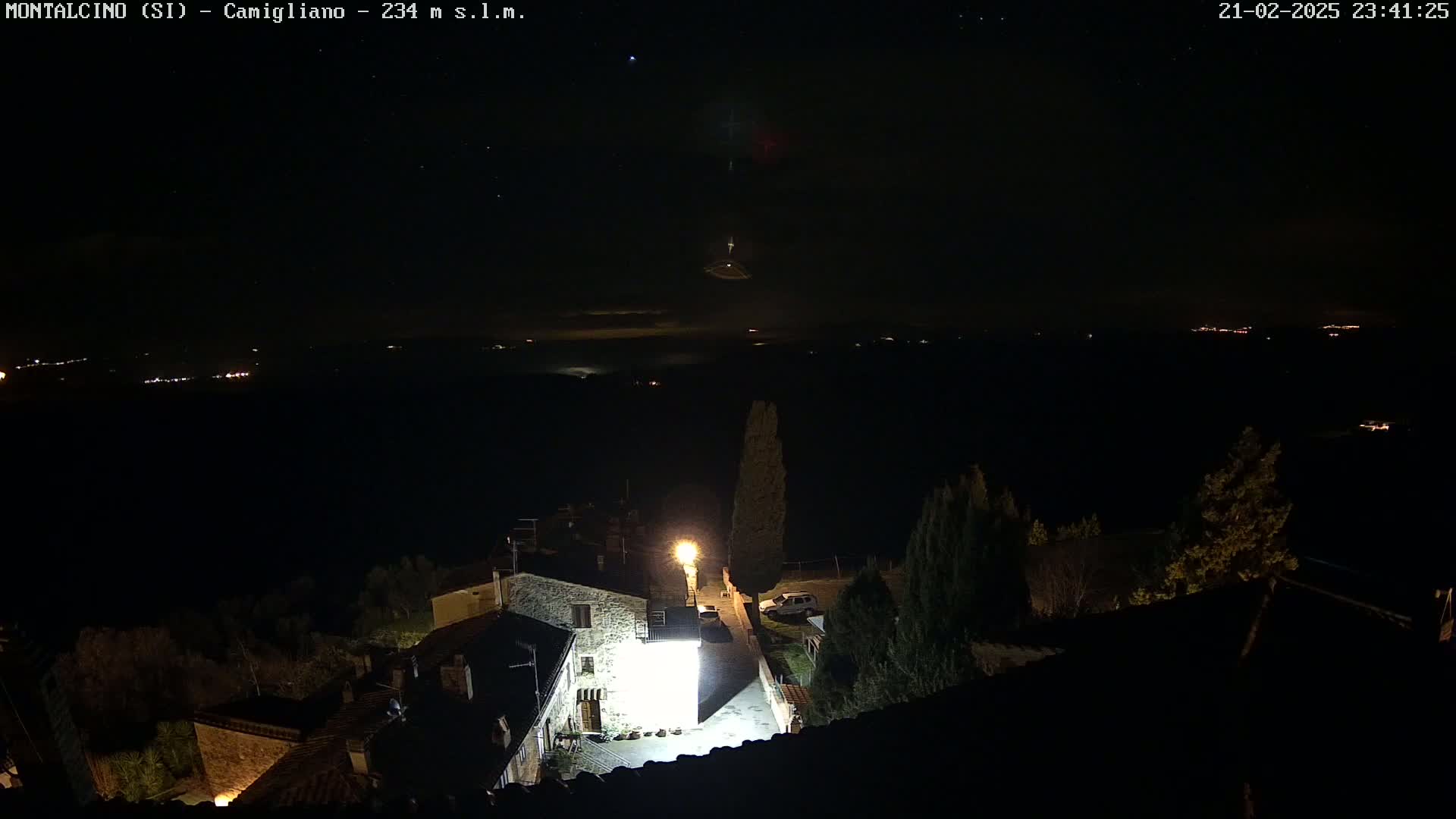 A nighttime view of a small village illuminated by a single bright light, overlooking a dark valley speckled with distant lights under a clear, starry sky.