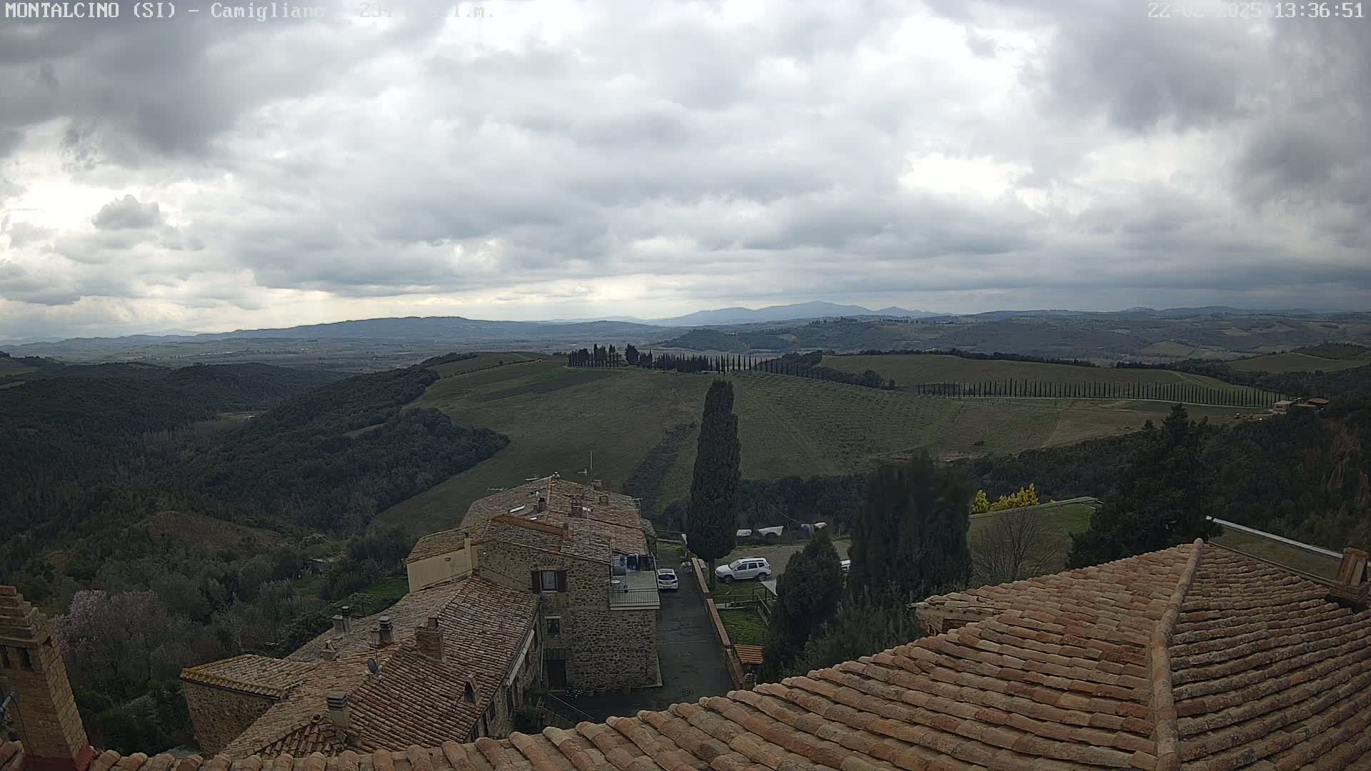 A view from a rooftop shows a cloudy sky over rolling hills and farmlands, with a few buildings and trees visible in the foreground.