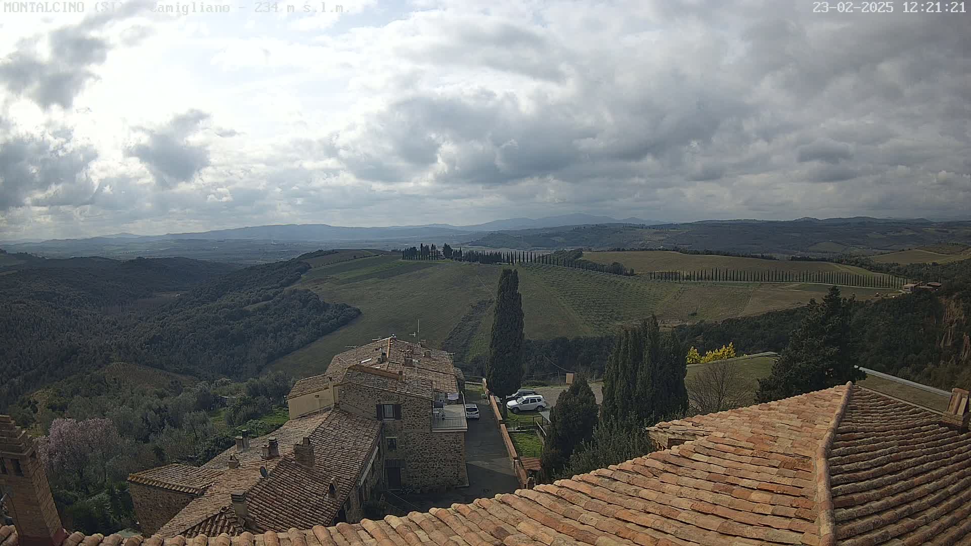 A view from a tiled roof shows a cloudy sky over rolling hills with rows of trees, and stone buildings in the foreground.