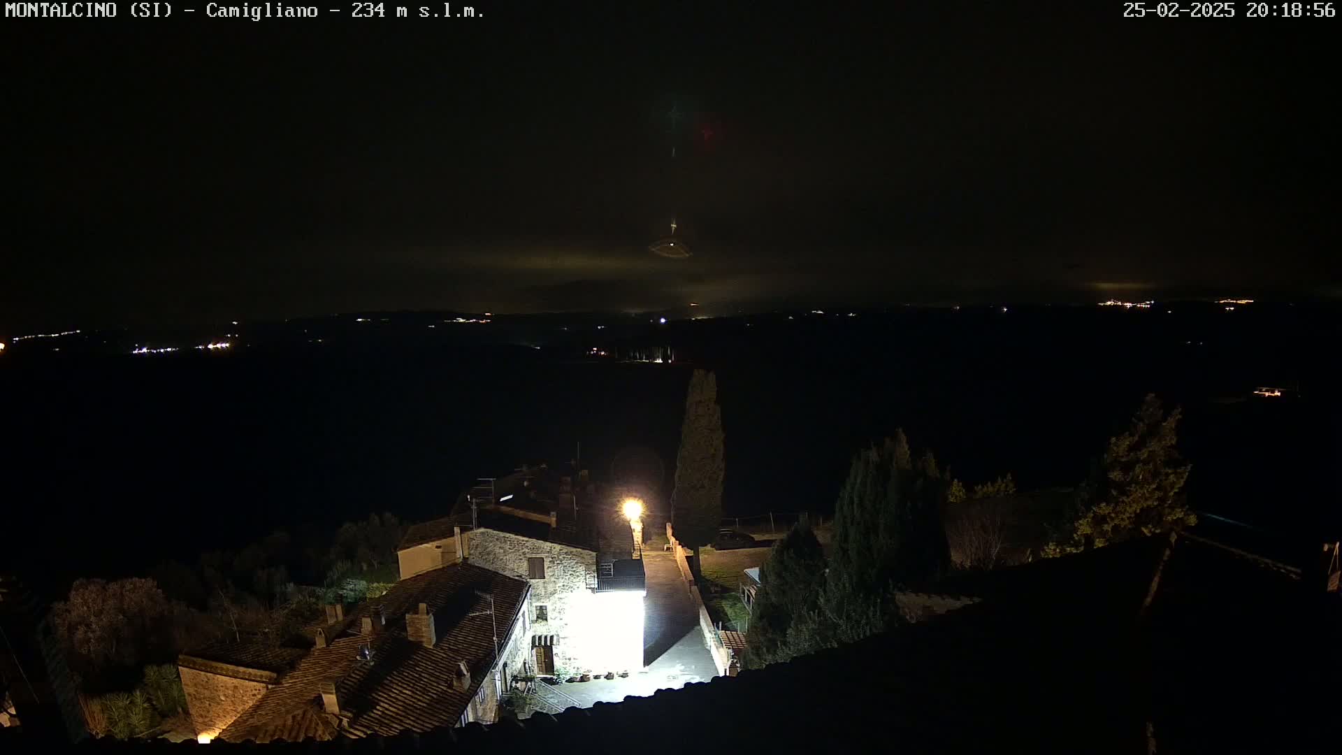 A nighttime view of a small village nestled in a dark landscape under a mostly clear sky, with distant lights visible on the horizon.