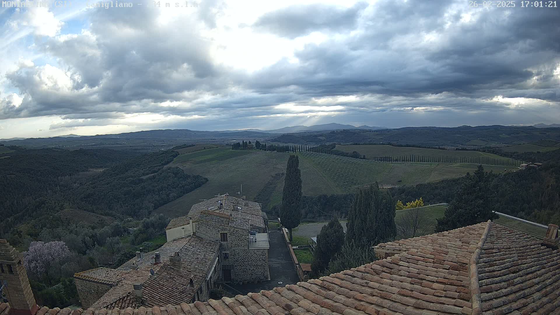 A view from a rooftop shows a cloudy sky over rolling green hills and a stone village under a mostly cloudy sky.