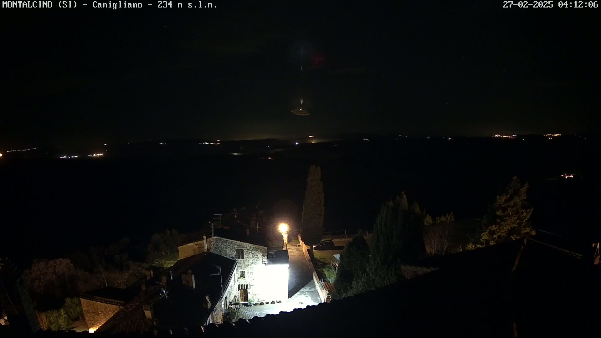 A nighttime, high-angle view of a small village illuminated by a single bright light, with a dark, starlit sky and distant lights on the horizon.