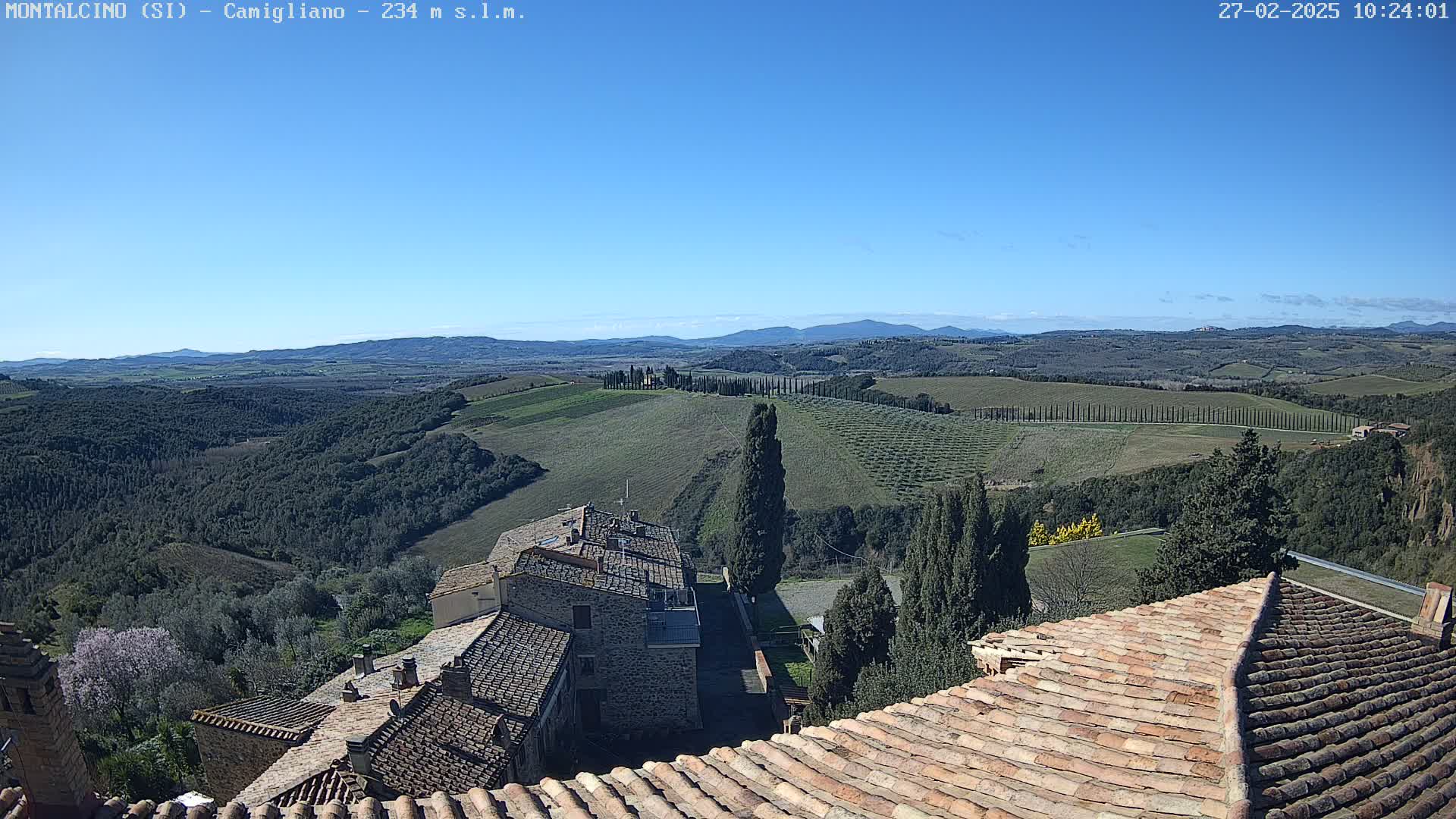 A sprawling Tuscan landscape under a clear blue sky, showing rolling hills, vineyards, cypress trees, and a village with terracotta roofs in the foreground.