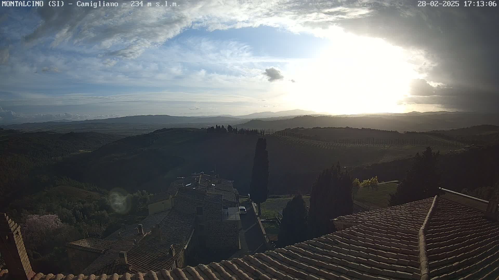 A partly cloudy sunset over a hilly landscape of vineyards and cypress trees, viewed from a rooftop of terracotta tile buildings.