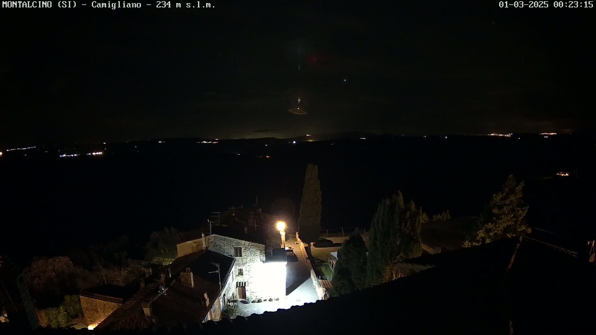 A nighttime view of a village with stone buildings illuminated by streetlights, overlooking a dark valley with distant lights under a mostly clear night sky.