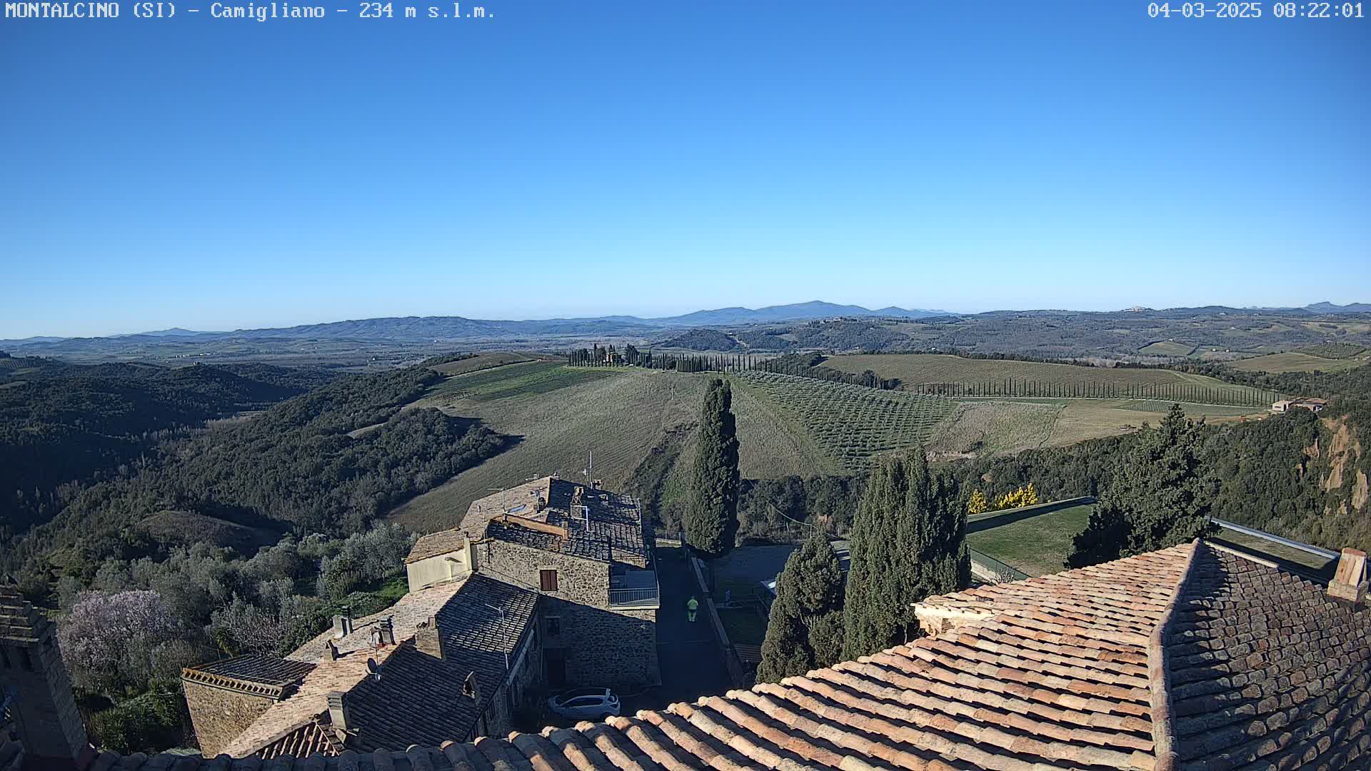 A clear, sunny day reveals a sprawling Tuscan landscape of rolling hills, vineyards, and cypress trees, viewed from a high vantage point overlooking terracotta rooftops of stone buildings.
