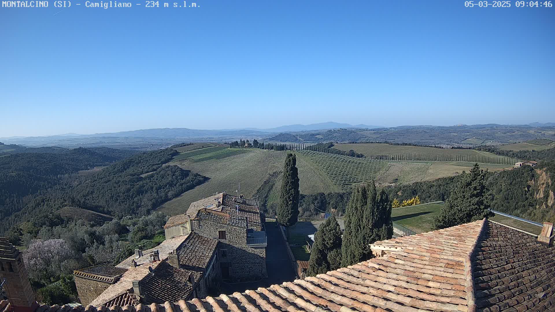 A clear, sunny day reveals a Tuscan landscape of rolling hills, vineyards, and cypress trees, with a view of terracotta rooftops from a high vantage point.