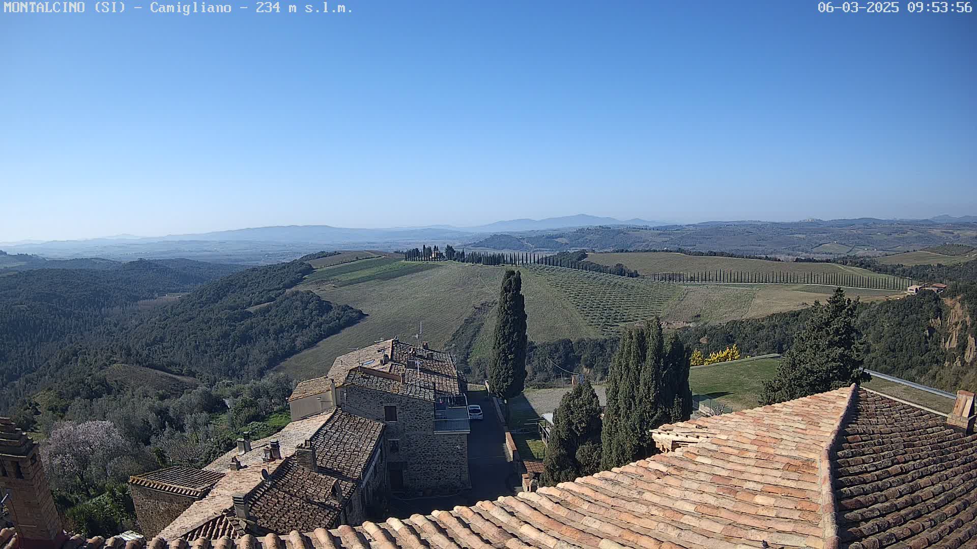 A clear, sunny day reveals a sweeping vista of rolling hills dotted with cypress trees and stone buildings, as seen from a rooftop.