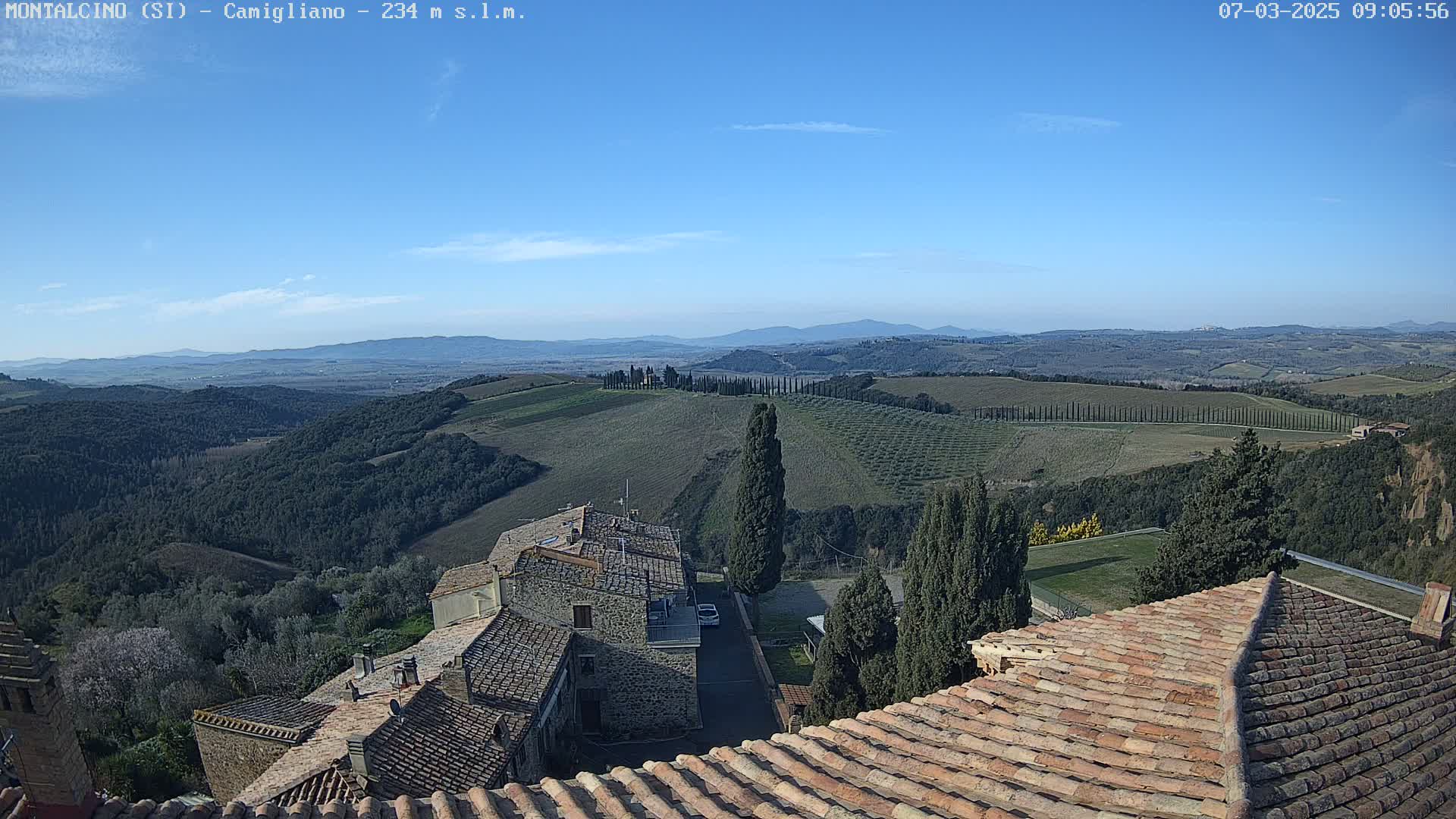 A clear, sunny day reveals a panoramic view of rolling hills dotted with cypress trees and stone buildings, with a village nestled in the foreground.