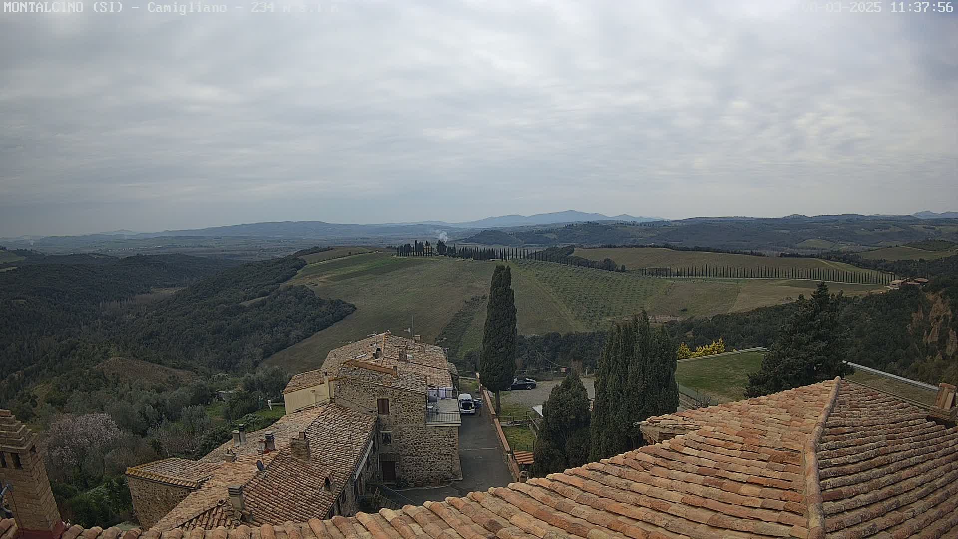 A view from a rooftop shows a row of cypress trees on a gently rolling hillside under a cloudy sky, overlooking a village of stone buildings with terracotta roofs.