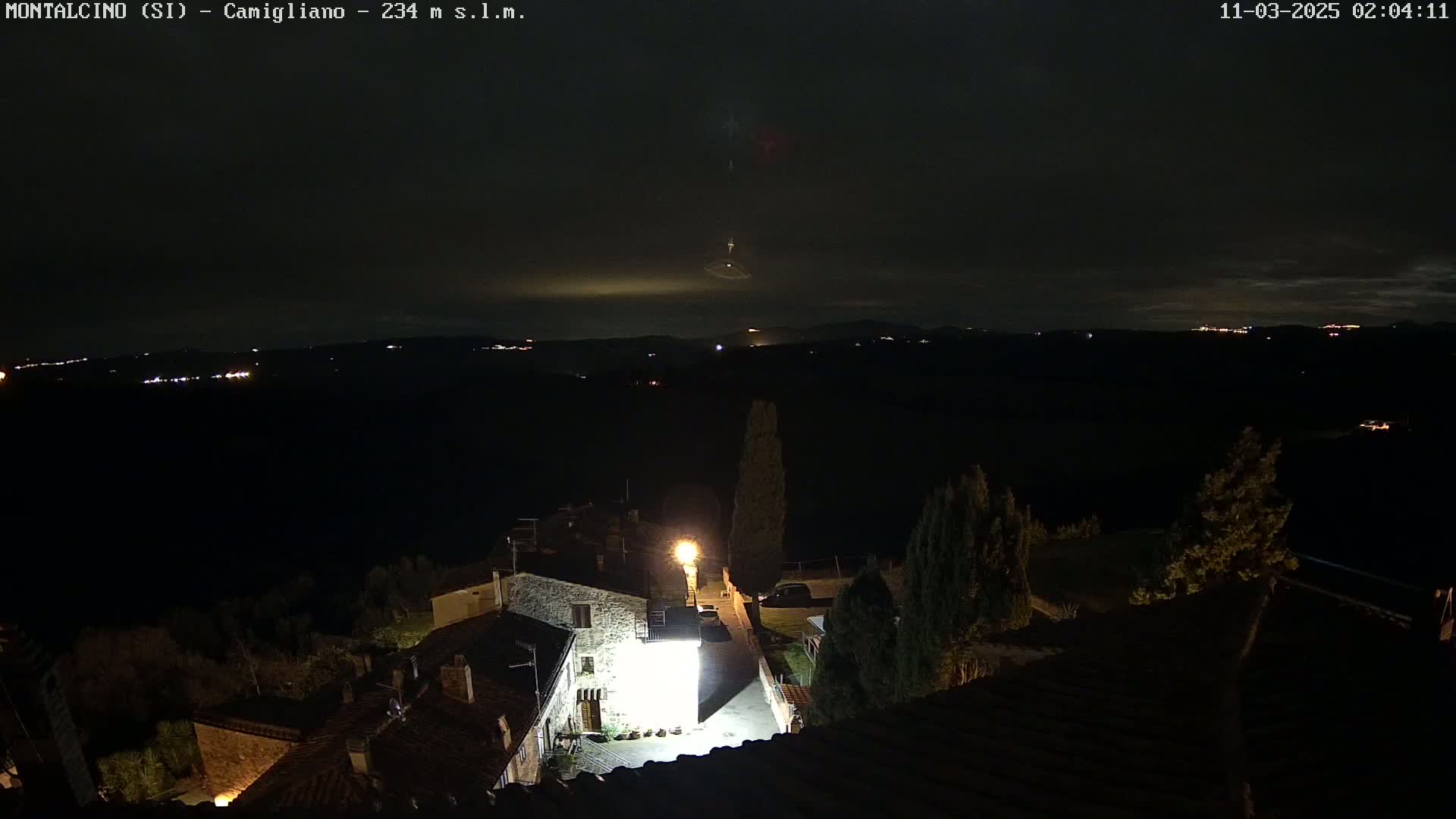 A nighttime view of a small village nestled in a dark landscape under a slightly cloudy sky, with distant lights visible on the horizon.