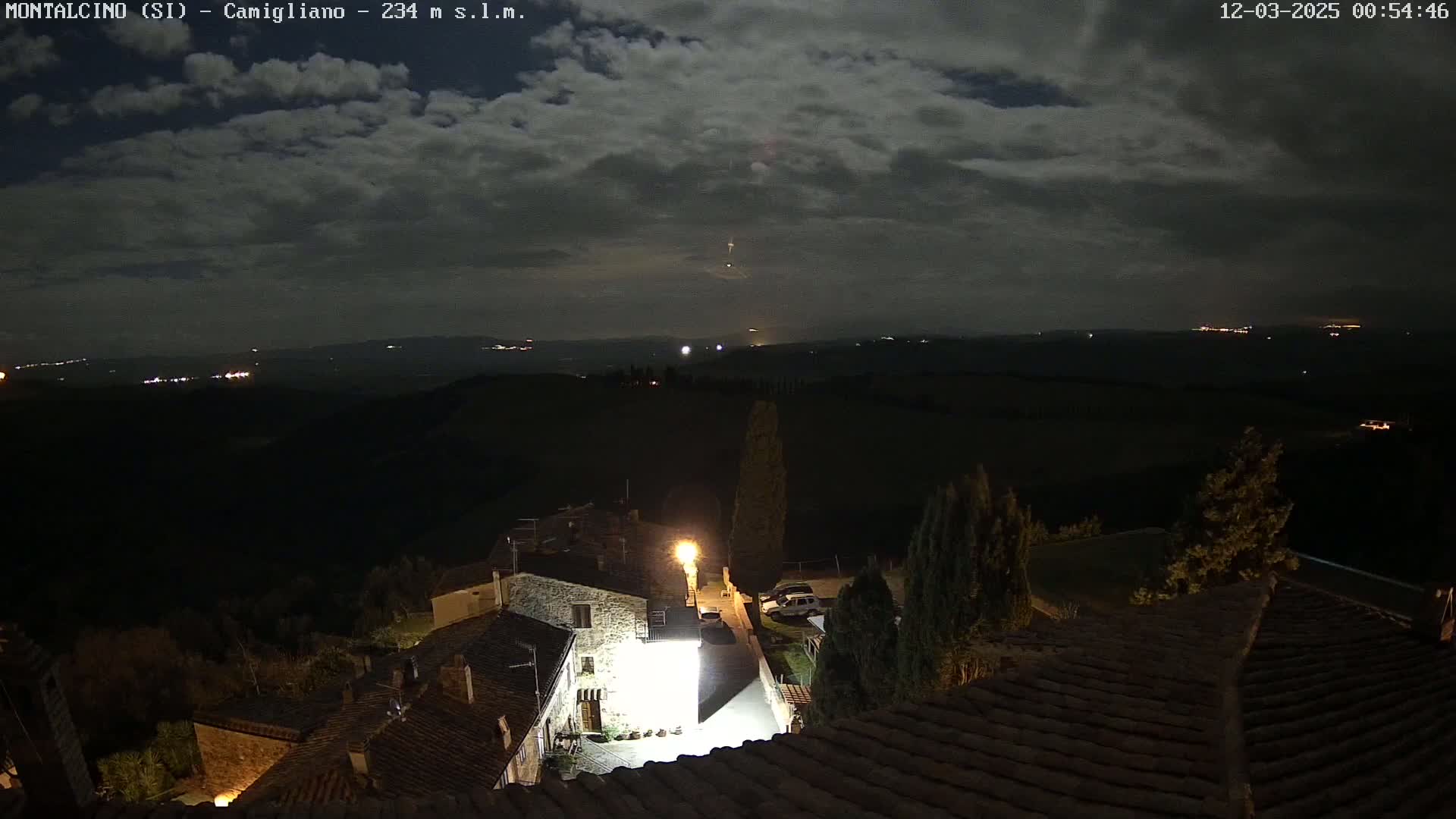 A nighttime view of a small village nestled in a hilly landscape under a cloudy sky, with distant lights visible on the horizon.
