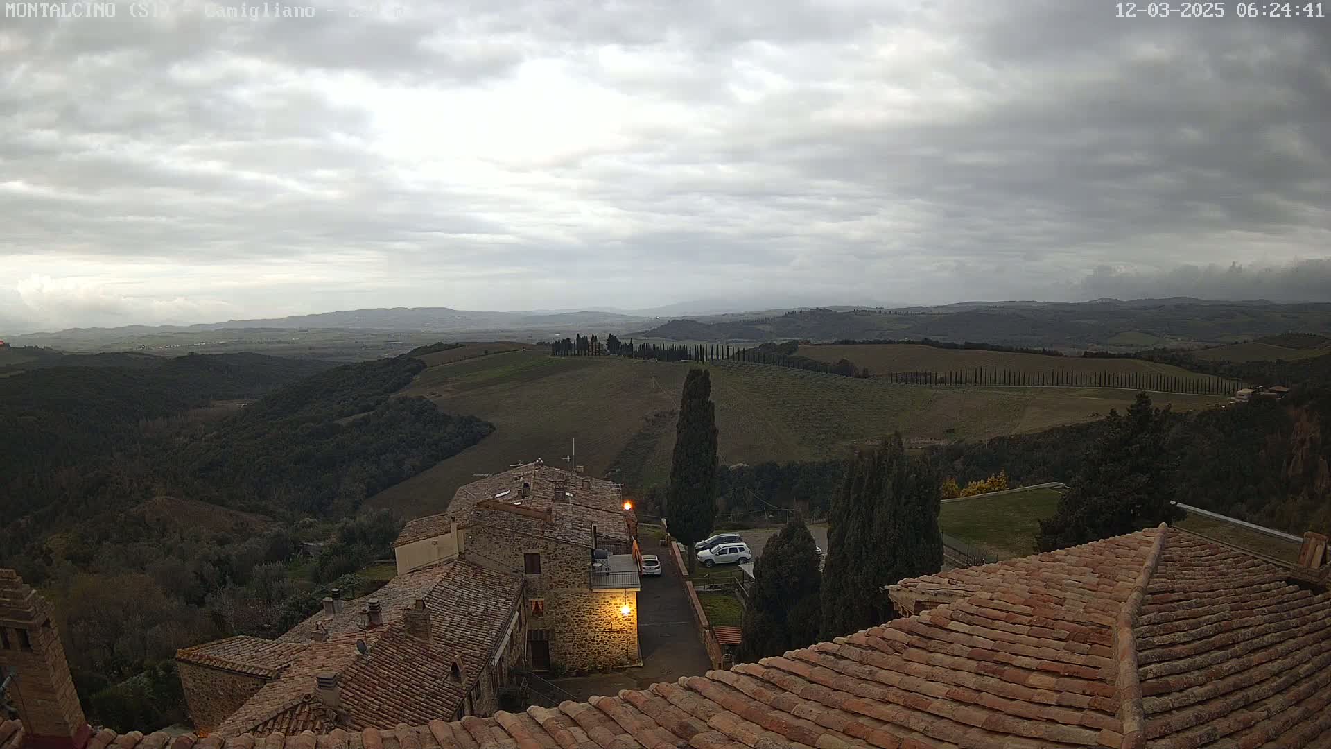 A view from a rooftop shows a sprawling, hilly landscape under a cloudy sky, with a small village nestled in the foreground.